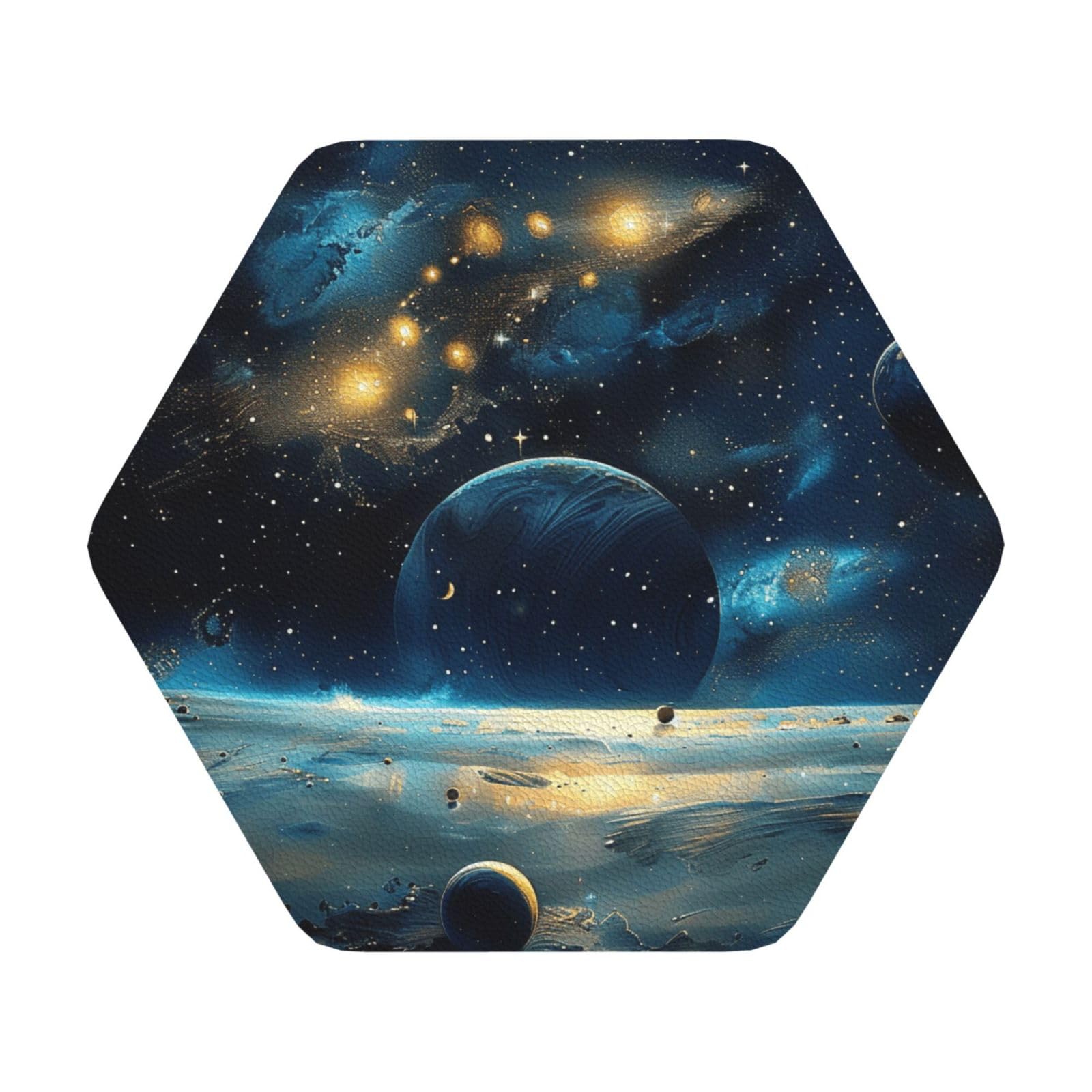 moon stars and planets Print Leather Coaster Set of 6, Hexagon Coasters Table Decorative Coffee Cup Beverage Coasters Wine Beer Bar Coasters for Hot Drinks Table Protection