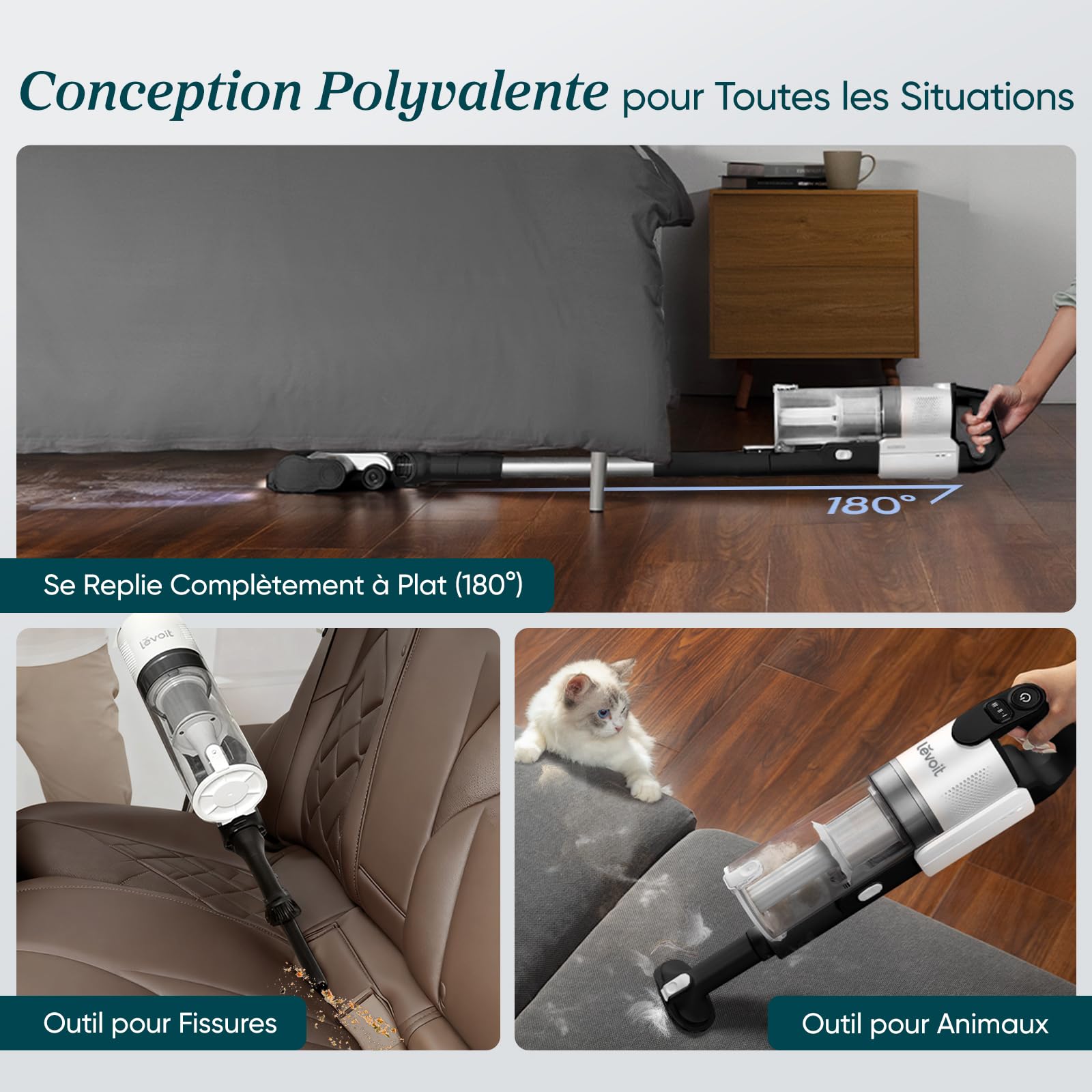 Levoit Aspirateur Balai sans Fil Anti-Enchevêtrement, 2.8kg Léger, 5 Couches Filtre à 99,9%, jusqu'à 50 Mins, Lumière LED, Accessoires 4 en 1 pour Poils d'animaux, Sols Durs, Voitures, Vacuum Cleaner