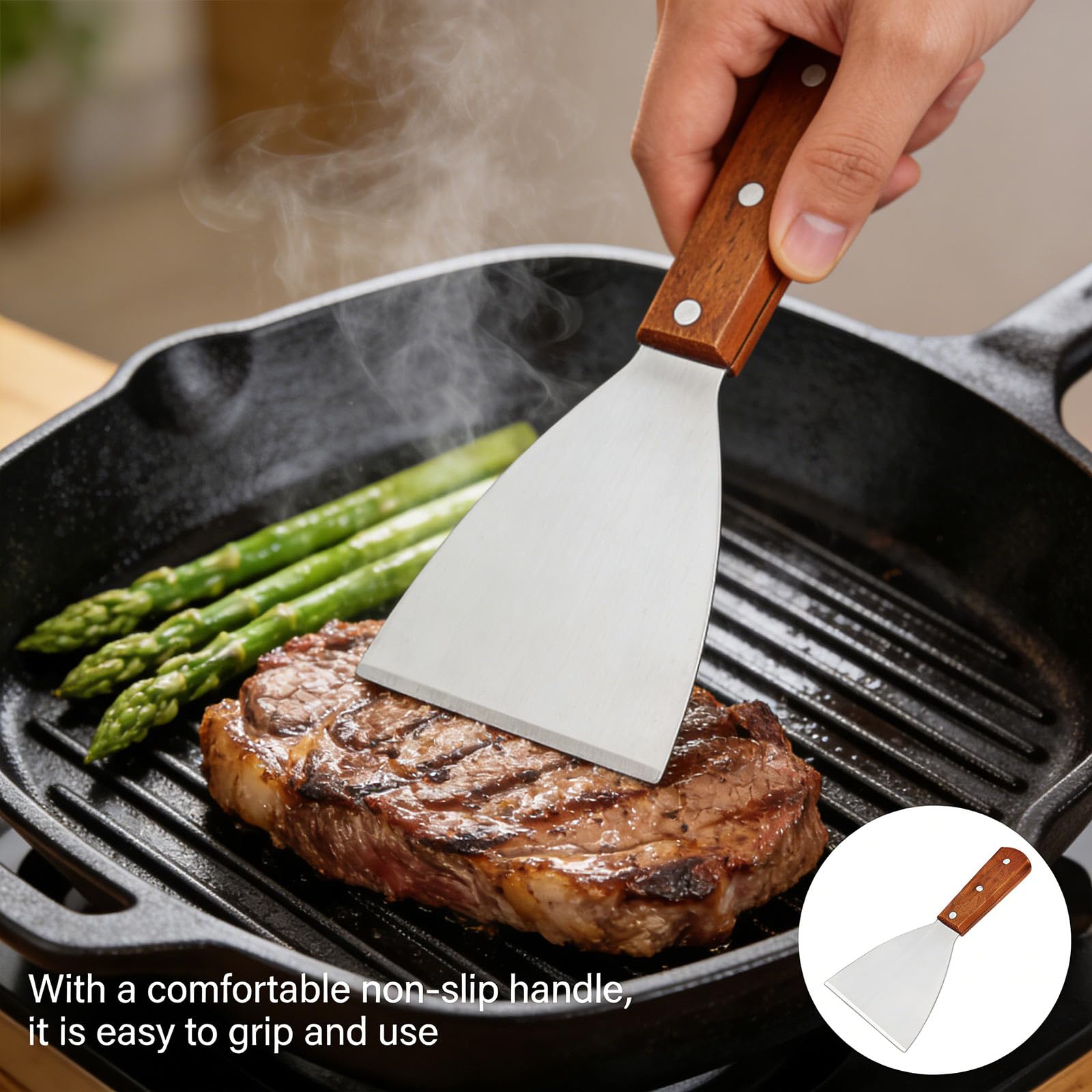 Griddle Scraper, Stainless Steel Burger Flipper, Non Stick Pizza Spatula, Heat Resistant BBQ Scraper Wooden Handle Grill Scraper for Food Service Cooking Cleaning, for Home Kitchen — view 5