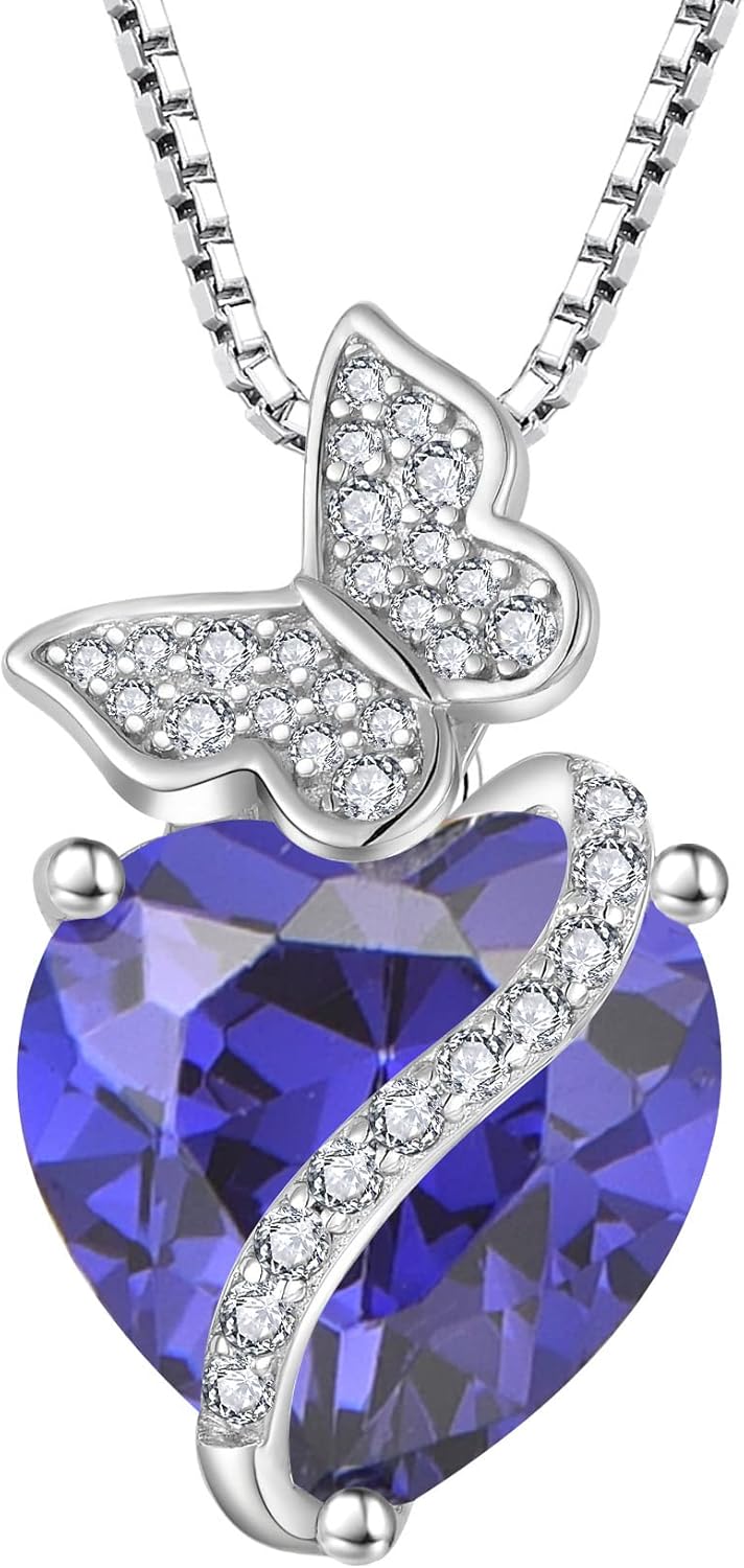 Butterfly Necklace 925 Sterling Silver Birthstone Necklace Created Gemstone Heart J...