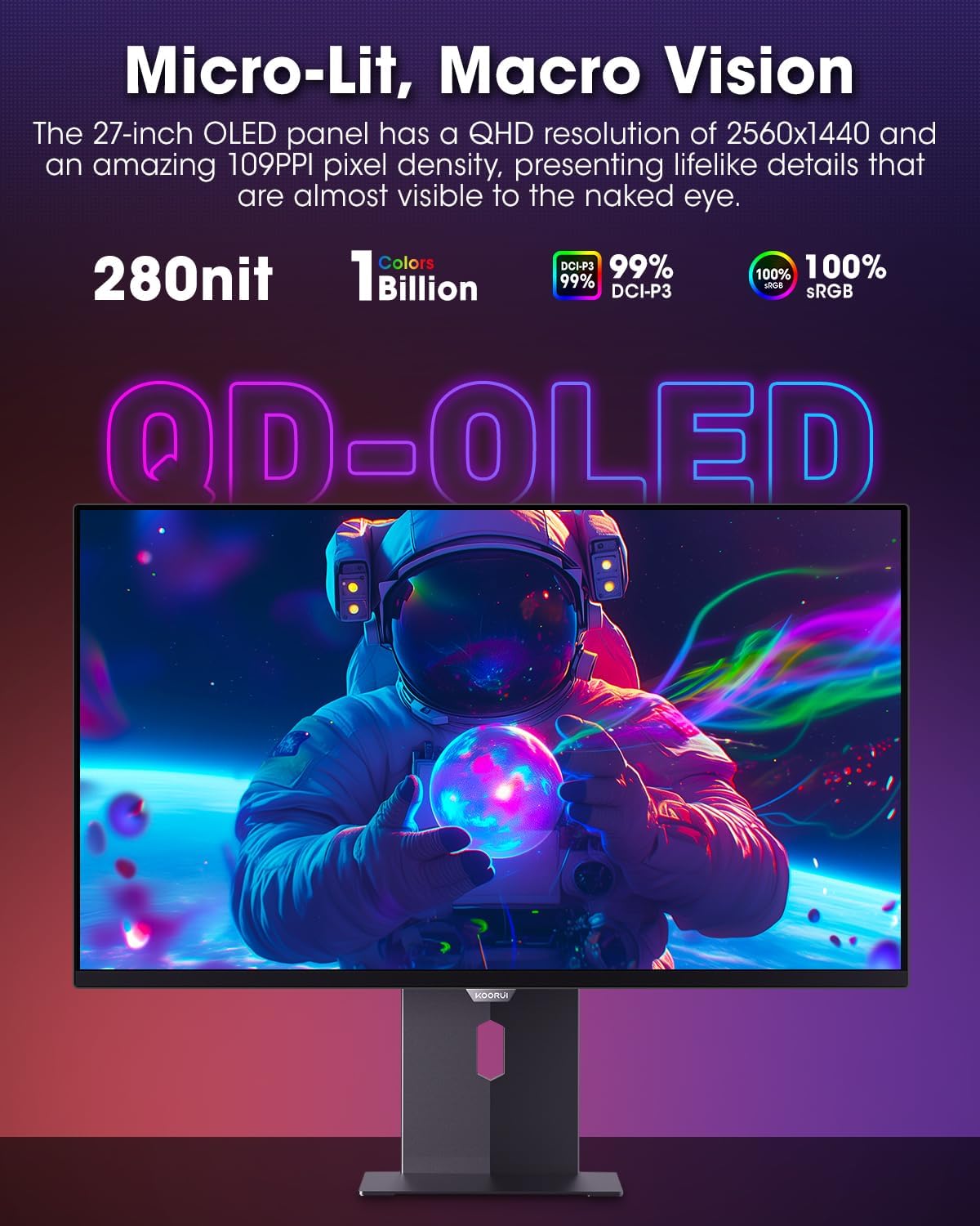 KOORUI S2721XO monitor displaying vibrant colors and high detail, highlighting QD-OLED technology.