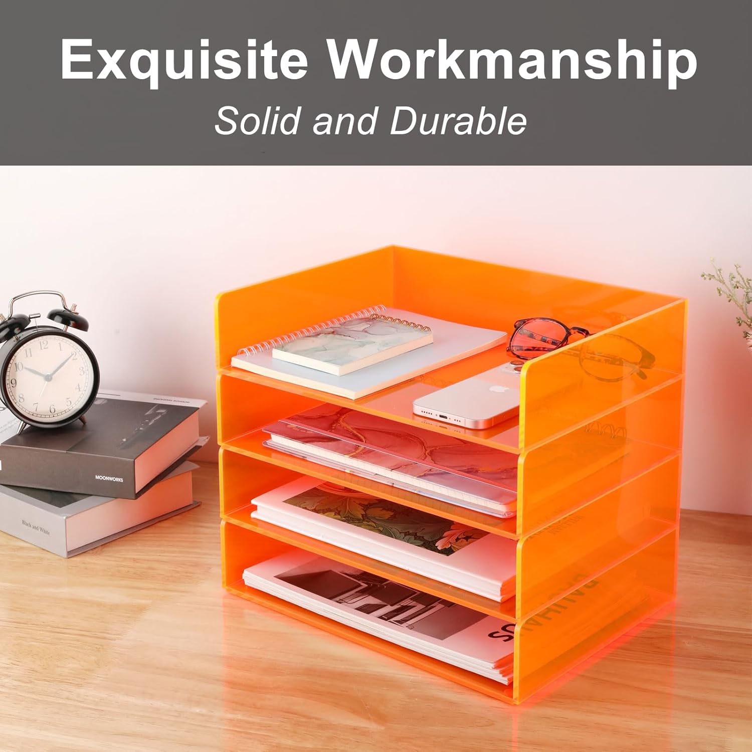 Gelite Acrylic File Organizer for Desk 4 Tiered Stackable Letter Tray Office Paper Storage Desktop Document Sorter, Neon Orange