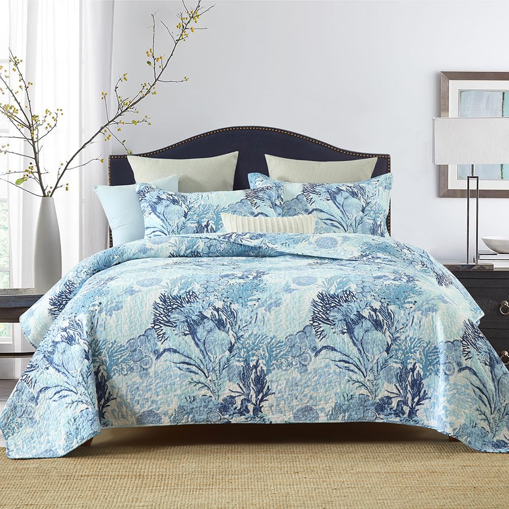 Autumn Dream Cotton Coastal Bedspread Quilt Sets Reversible Bedding Coverlet Sets Comforters, Fairytale Seaweed Blue Bedspread, Blue Ocean, Queen Size