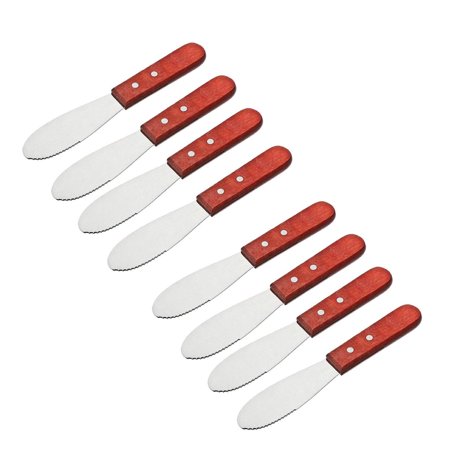 Wall2Wall Stainless Steel Straight Edge Wide Butter Spreader Deluxe Sandwich Cream Cheese Condiment Knives Set Kitchen Tools, Wood Handle, 8” (8)