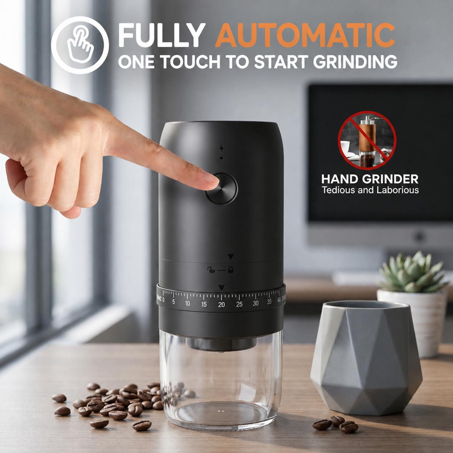 Molinillo de café eléctrico portátil, recargable por USB, 40 ajustes de molienda ajustables, automático de un solo toque, color negro