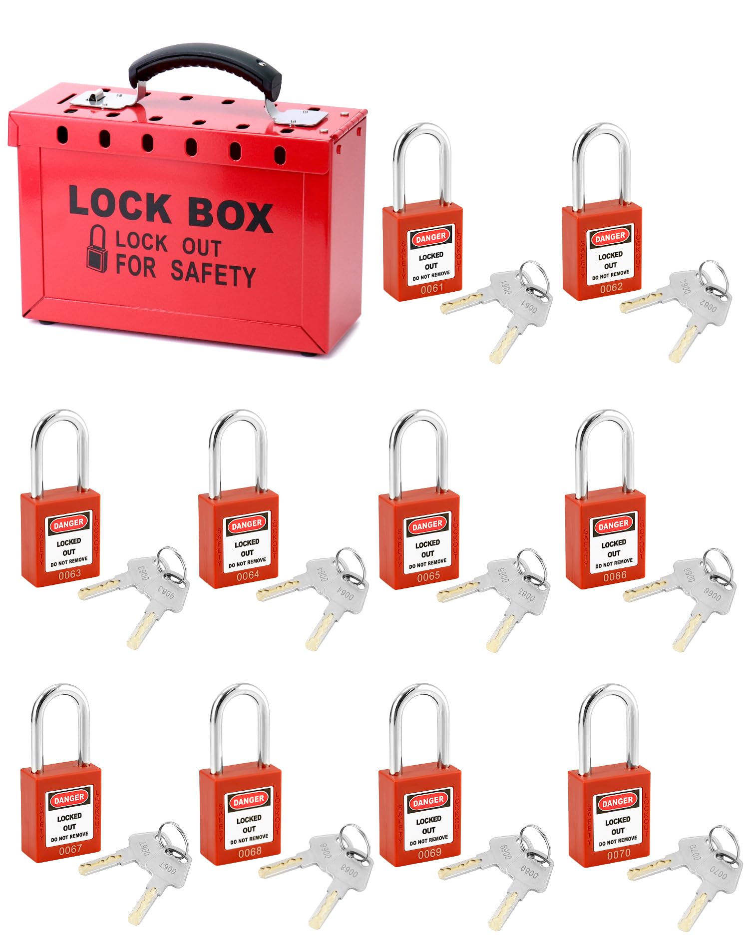 QWORK Kit de caja de bloqueo de etiquetado, con 10 cerraduras de loto diferentes con llave, caja de bloqueo de grupo portátil con 12 ranuras, para estación de etiquetado de bloqueo, rojo