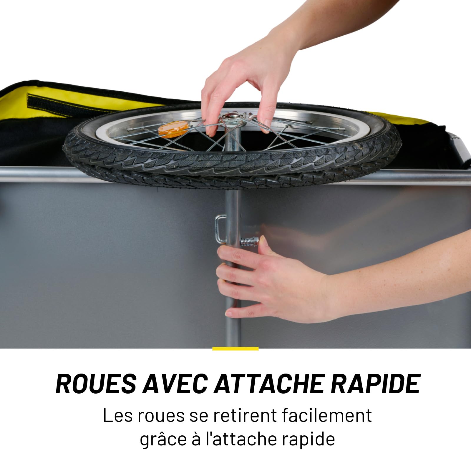 Dunlop Remorque Vélo Pliable – Charette Vélo Cargo pour Bagages – Remorque pour Vélo avec Réflecteurs et Housse de Pluie Réglable – Chariot Vélo – Remorque Vélo Pliable – Jaune