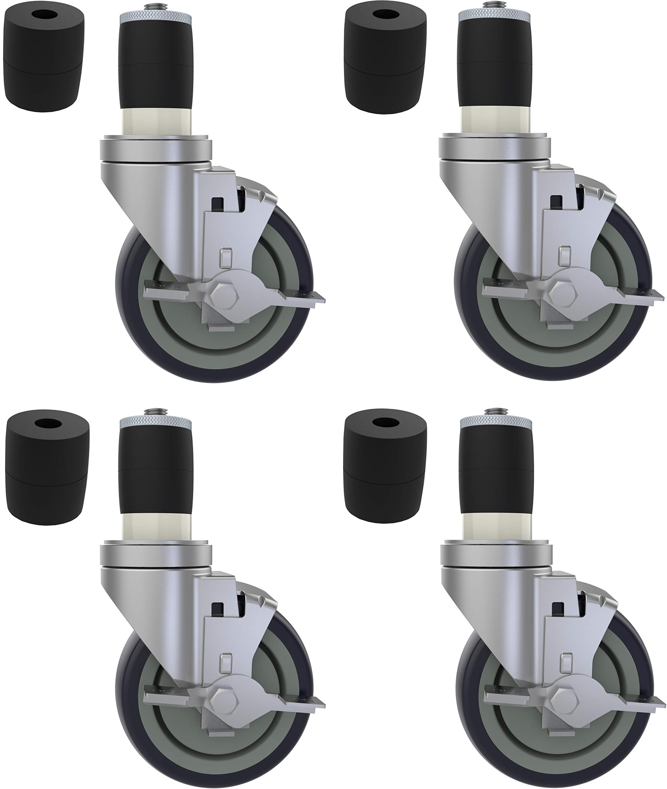 4 inch Prep Table Casters Set of 4 for Commercial Kitchen Prep Tables, Expanding Stem Caster Wheels for Table Legs All with Brake Fit 1-1/2" and 1-5/8" Leg Tube Adapter Caster