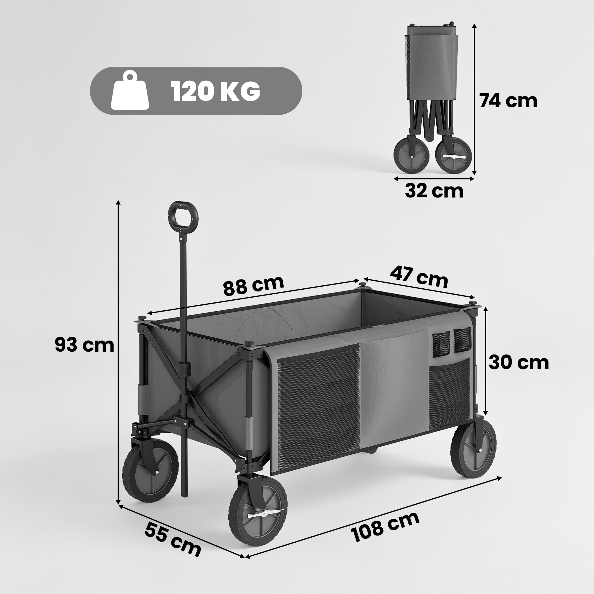 Outsunny Chariot de Plage Pliable 4 Roues, 108 x 55 x 93 cm Gris Foncé | Chariot de Transport, Bâche Amovible, Poignée Télescopique, Inclinaison Réglable, Plateau Pliable, 5 Sacs de Rangement