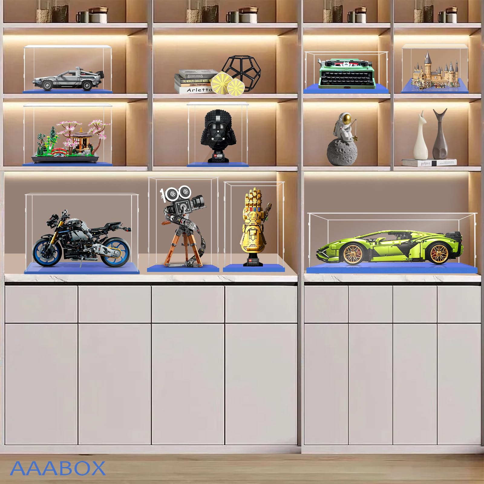 Teca Espositiva 35x15x15 con Base Blu,3mm Acrilico Trasparente Antipolvere Vetrina per Modellini Auto 1/18 Ford Mustang Shelby GT500 42138 Jeep Wrangler Lamborghini Huracan 42161 Bugatti Bolide 42151