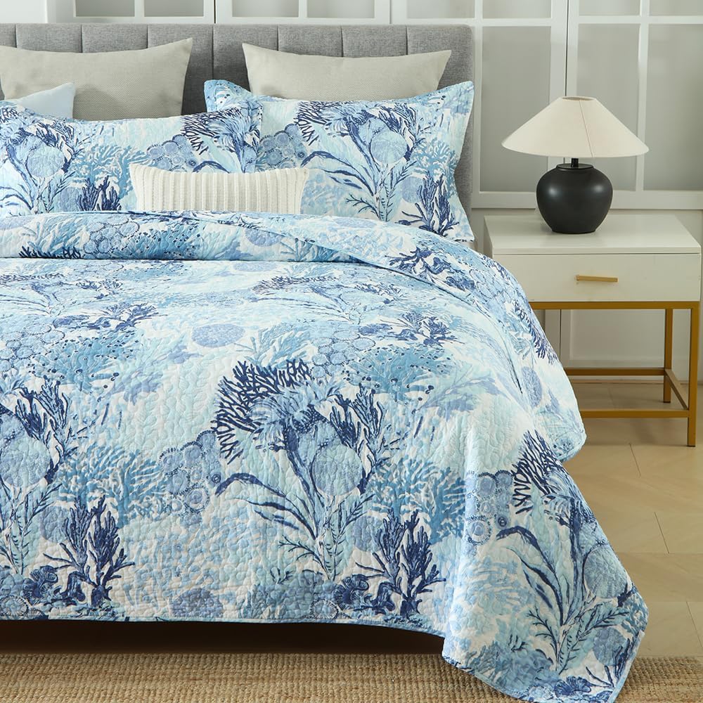 Autumn Dream Cotton Coastal Bedspread Quilt Sets Reversible Bedding Coverlet Sets Comforters, Fairytale Seaweed Blue Bedspread, Blue Ocean, King Size