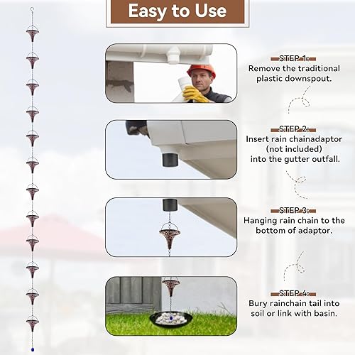 Miniatura 4 de CBAXEAXM Cadenas de lluvia para exteriores, cadena de canalón de 8.6 pies con 12 copas de embudo, cadena colectora de lluvia de repuesto para