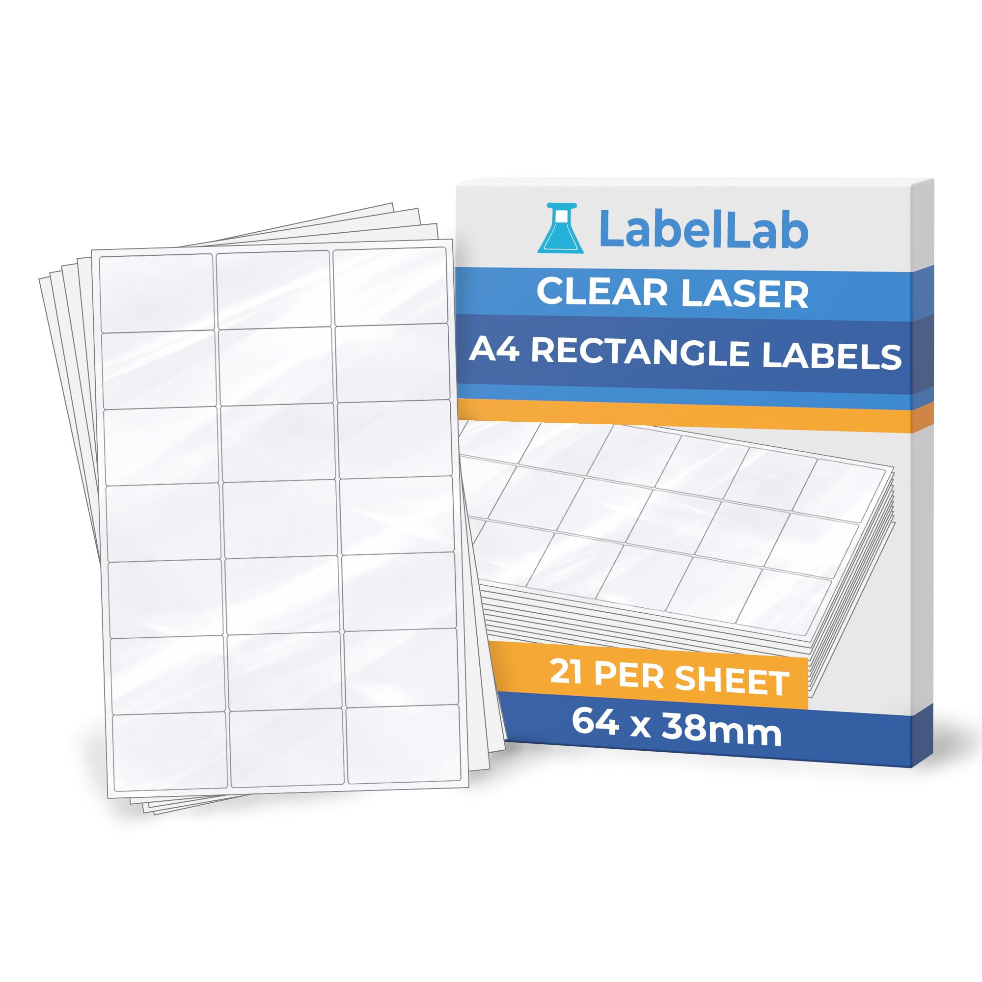Clear A4 Rectangle Labels for Laser Printers – Transparent Printable Sheet Labels, Strong Adhesive – 21 Per Sheet (64 × 38 mm), 25 Sheets – LabelLab