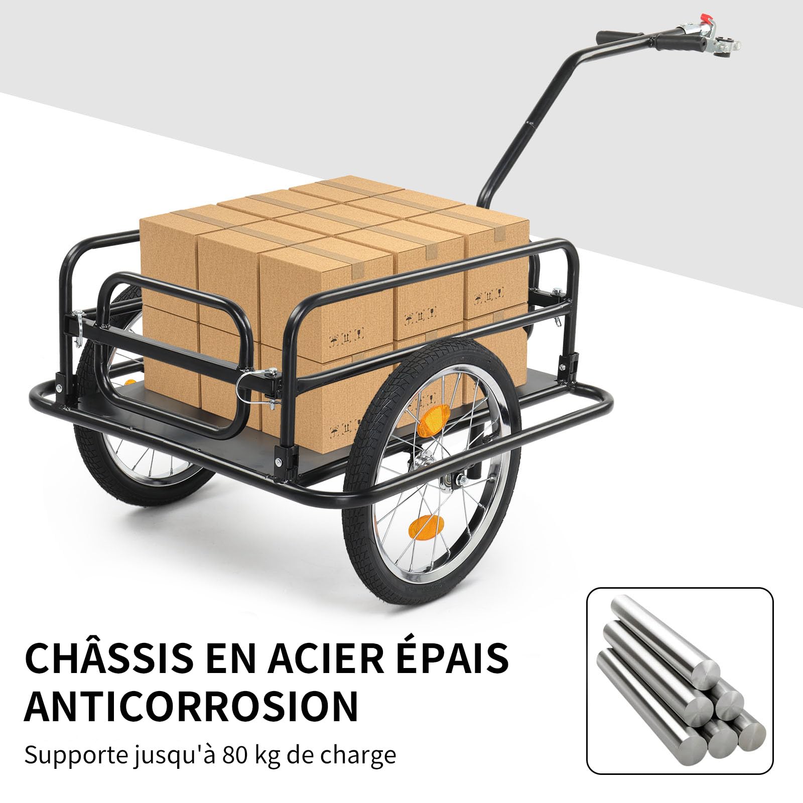 LEADZM Remorque Vélo Pliable, Remorque Cargo avec Attelage Universel, Remorque de Transport avec Pneus Pneumatiques 16 Pouces, Réflecteurs de Sécurité, 60 kg, 155 x 67 x 78 cm