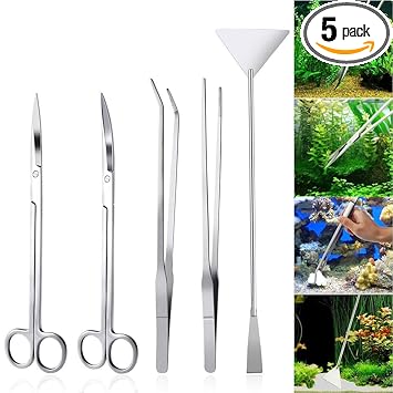 Jainsons Pet Products 5pcs Aquarium Cleaning Tool Kit by Perfect Aquascaping Tools - Includes Straight & Curved Scissors, Substrate Spatula, Straight & Bent Tweezers - Stainless Steel, Aquarium Cleaning Kit for Fish Tank