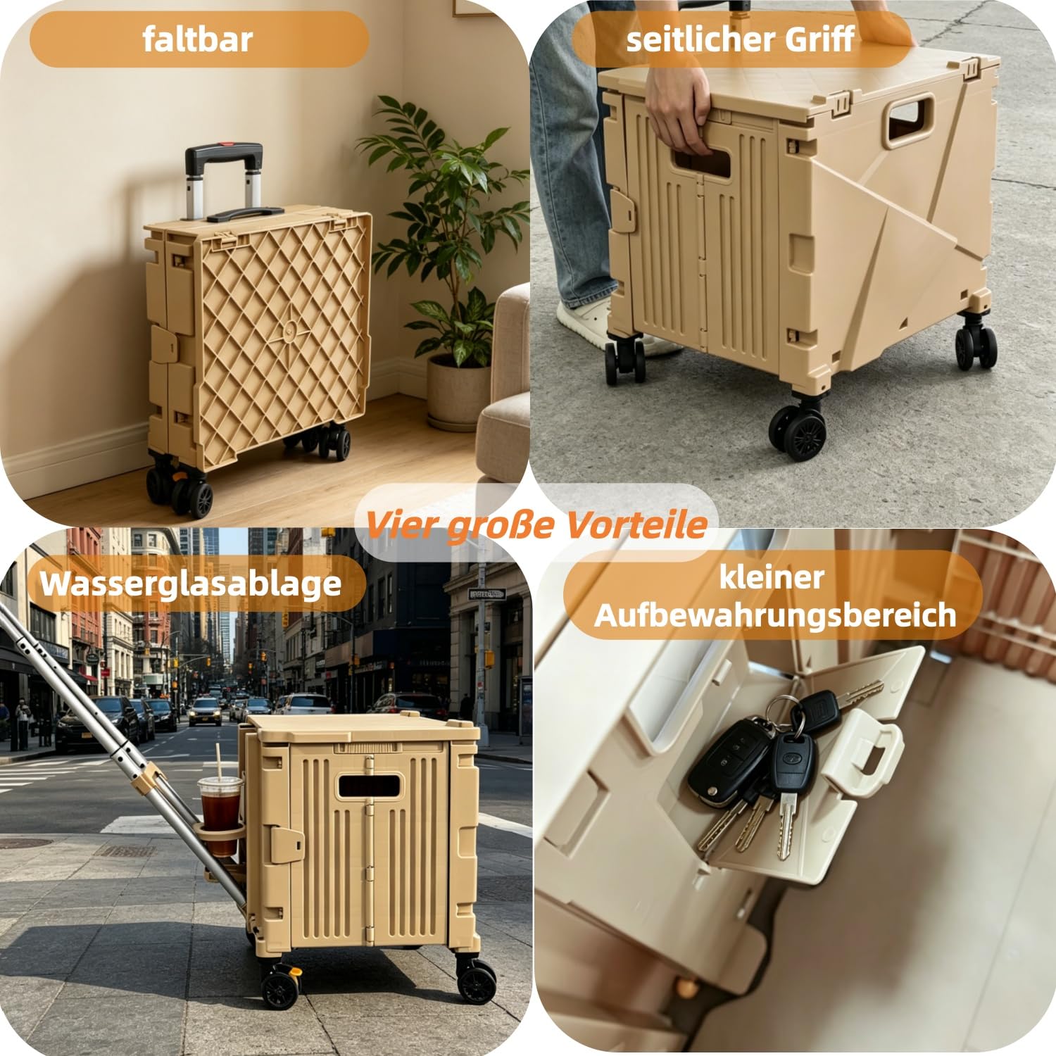 Hooha Carrello per la spesa pieghevole con ruote, carrello multiuso con doppie ruote e blocco del freno, contenitore pieghevole, ruote silenziose, ideale per insegnanti, giardino e attrezzi