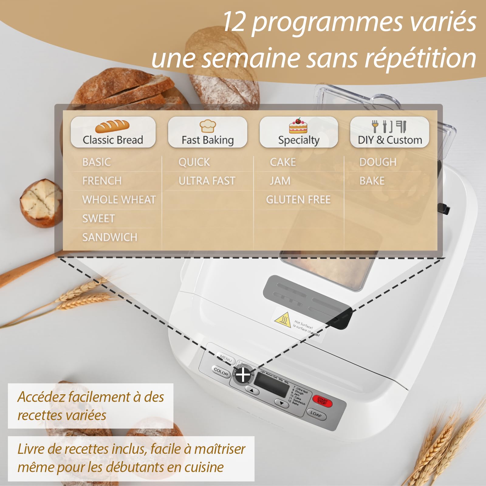 Machine à Pain 12 Programmes Automatiques Cuisson 360° Sans Gluten Pâte à Pizza Gâteau Confiture