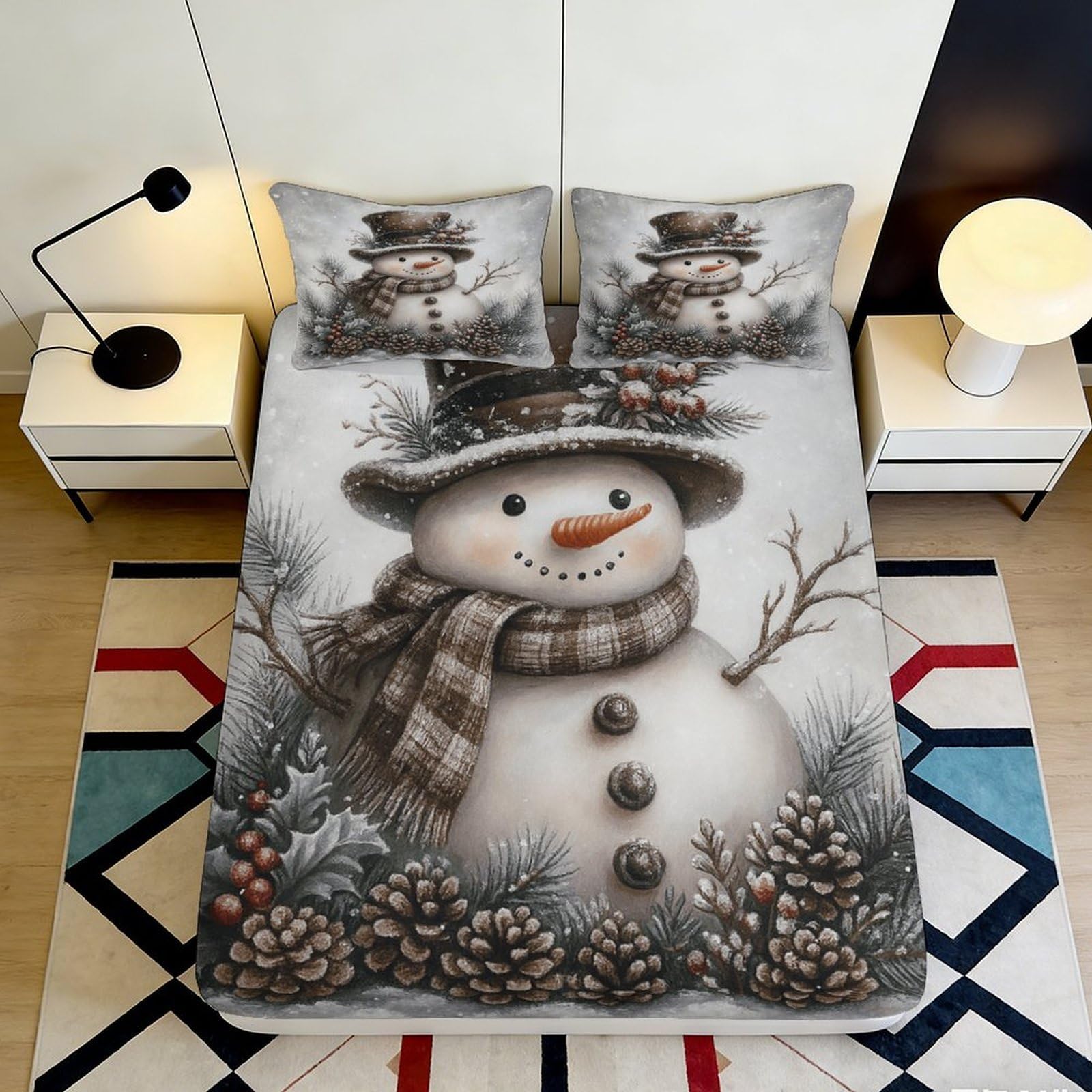3D Printed Snowman Winter Fitted Sheet Microfiber Soft Christmas Pinecone Bed Cover for Bedroom Guest Room Decor 90x200x25cm