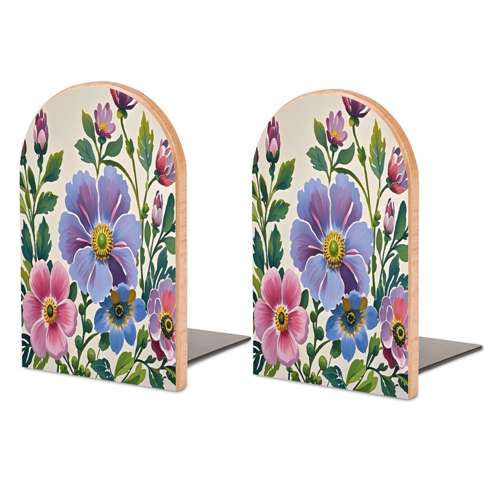 Sujetalibros de flores pintadas a mano de madera premium para estanterías