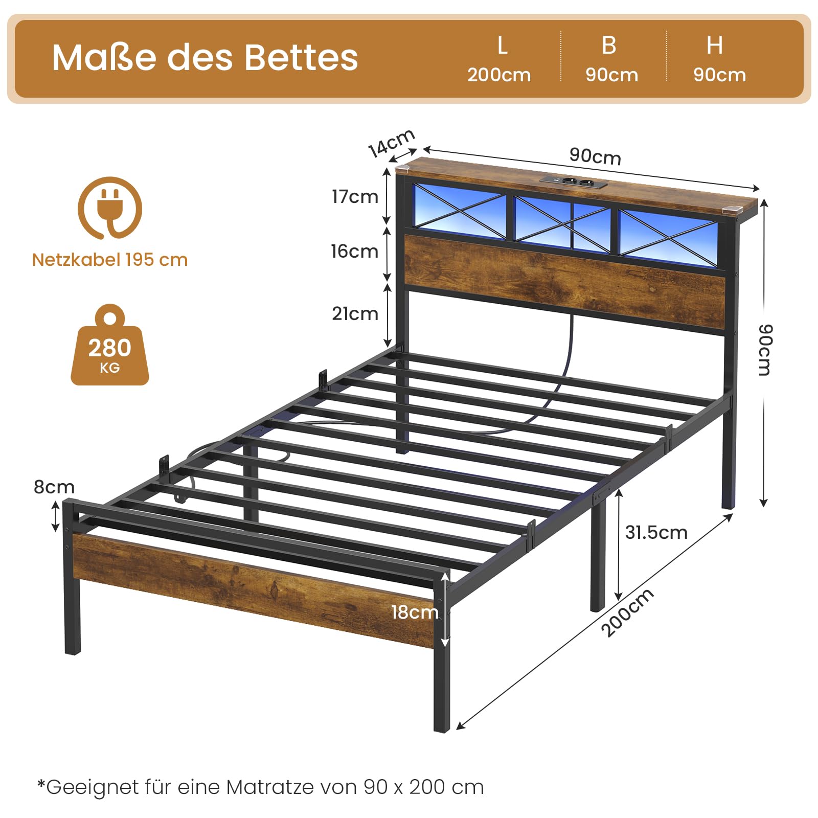 DICTAC Gästebett 90x200 cm mit USB-C & USB-Ladestation + 2 Steckdosen – Platzsparendes Metallbettgestell mit LED-Beleuchtung & Metall-Lattenrost – Einzelbett für Gästezimmer