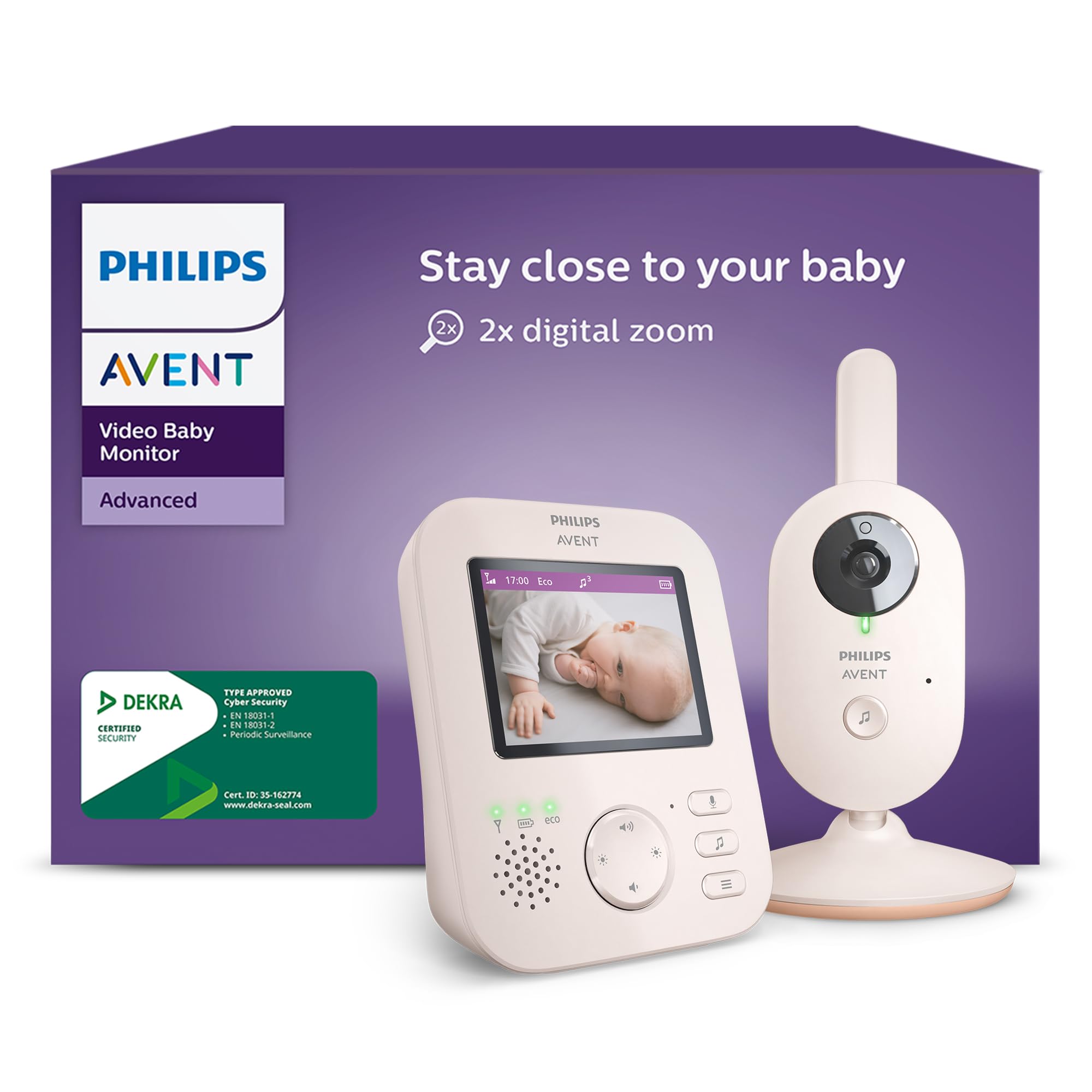 Philips AVENT Philips Baby Monitor with Camera Advanced - DEKRA Certified Private and Safe - 2.8 Inch Display, x2 Zoom, Infrared Night Vision, Lullabies (Model SCD881/26)