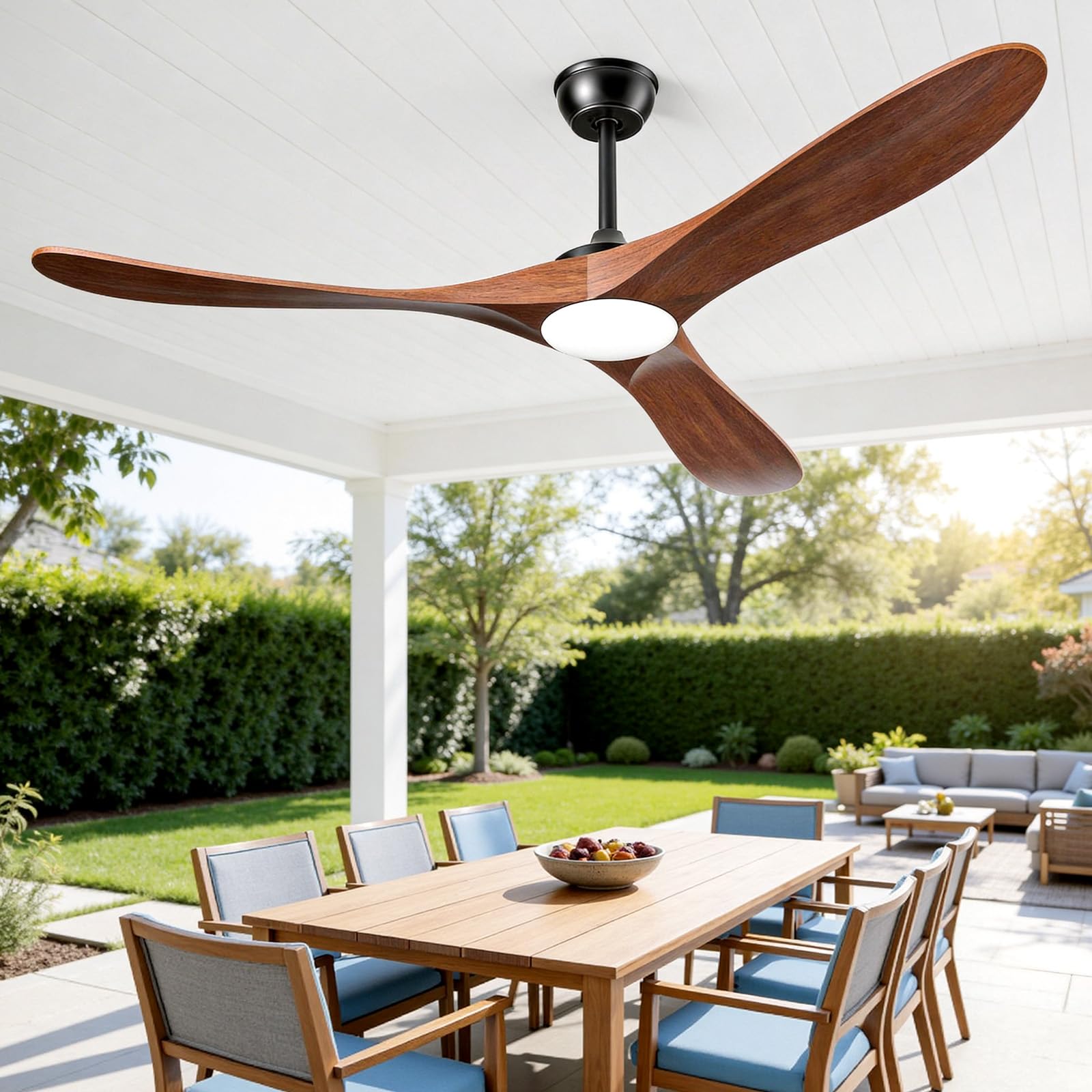 JOYEYE Outdoor Ceiling Fans with Lights 52 Inch, 3 Downrods, Remote Control, Indoor 3 Blade Wood Walnut Fan, DC Motor, Propeller LED Ceiling Fan for