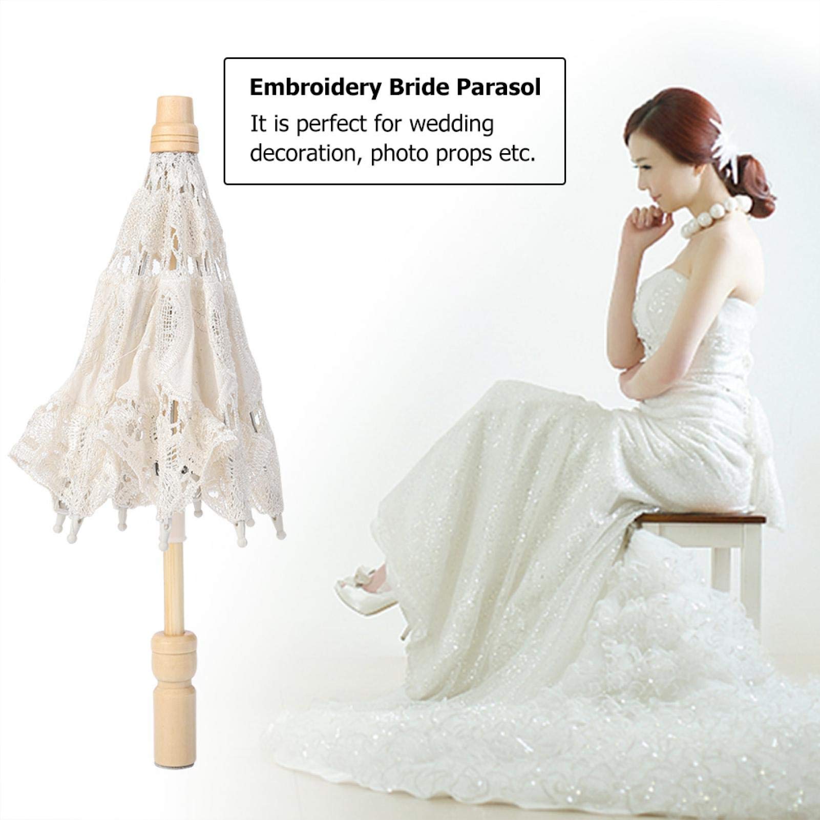 TOPINCN Ombrelle brodée faite à la main en dentelle avec fleur pour mariée (L-beige)