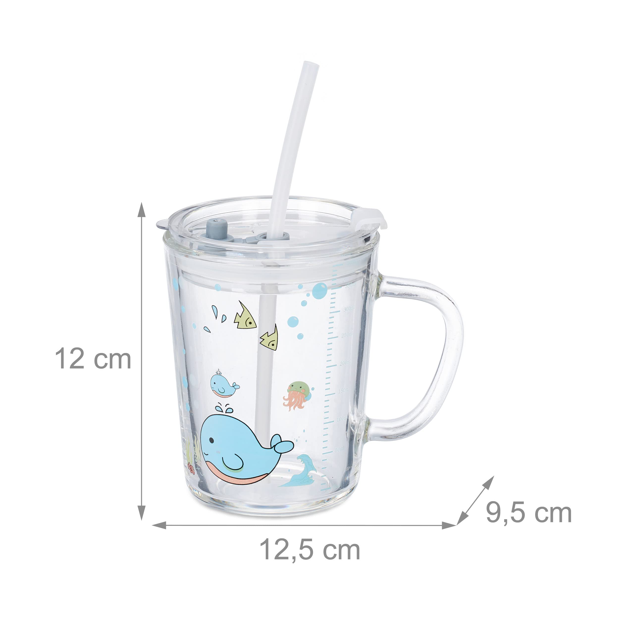 Relaxdays Set da 2 Tazze per Bambini, Vetro, Silicone, ABS, con Cannuccia, Manico e Tappo, 400 ml, Balena, Trasparente