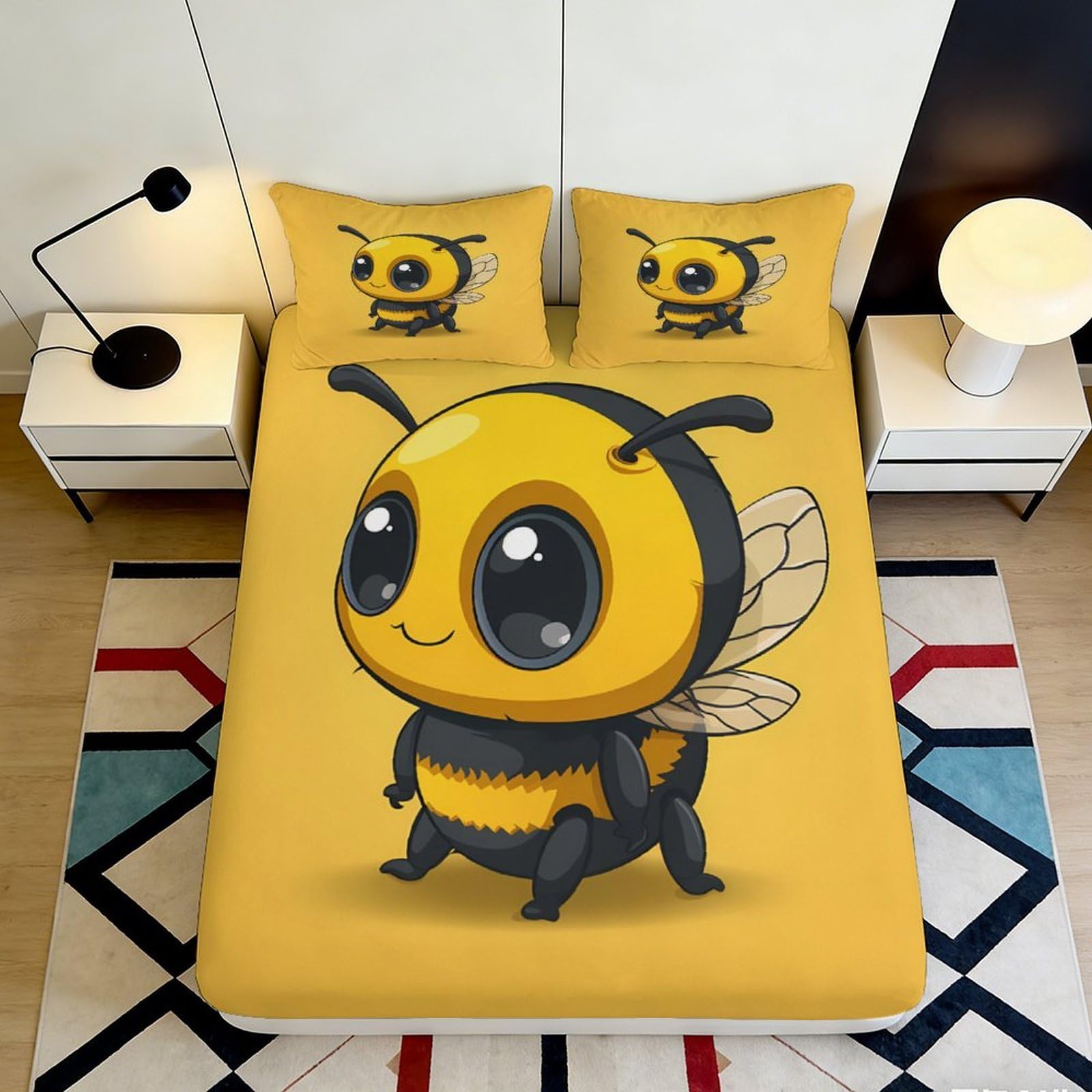 3D Printed Cute Bee Fitted Sheet Microfiber Yellow Cartoon Animal Mattress Cover for Bedroom Dorm Decor Washable 90x200x25cm
