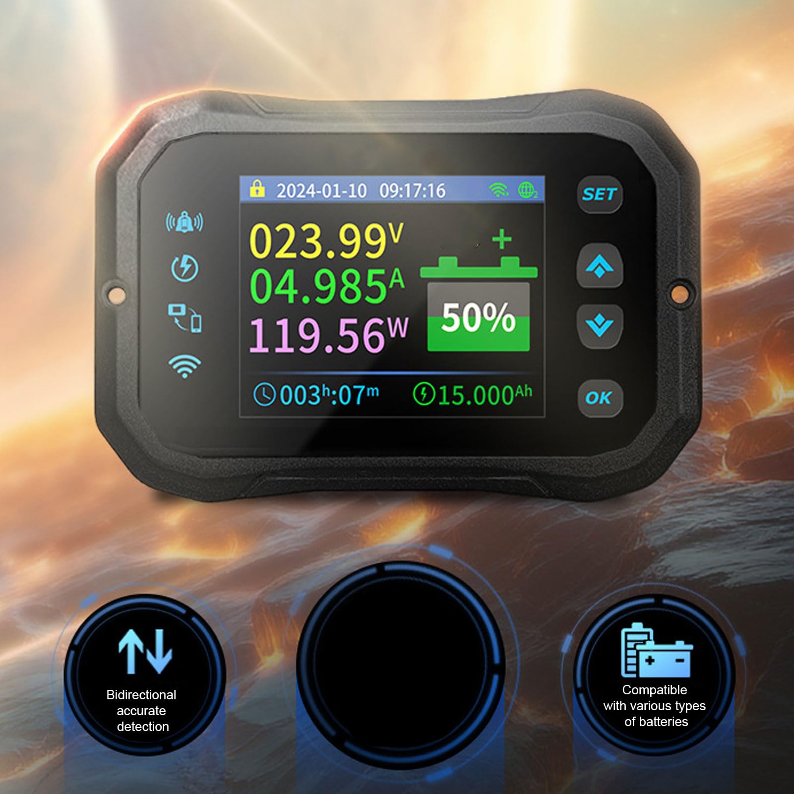 Cryfokt Misuratore Batteria WiFi, Display da 2,4 Pollici Monitoraggio Remoto in Tempo Reale per Tensione Corrente Potenza con Connessioni APP WiFi BT, per Scooter Elettrico per Auto RV