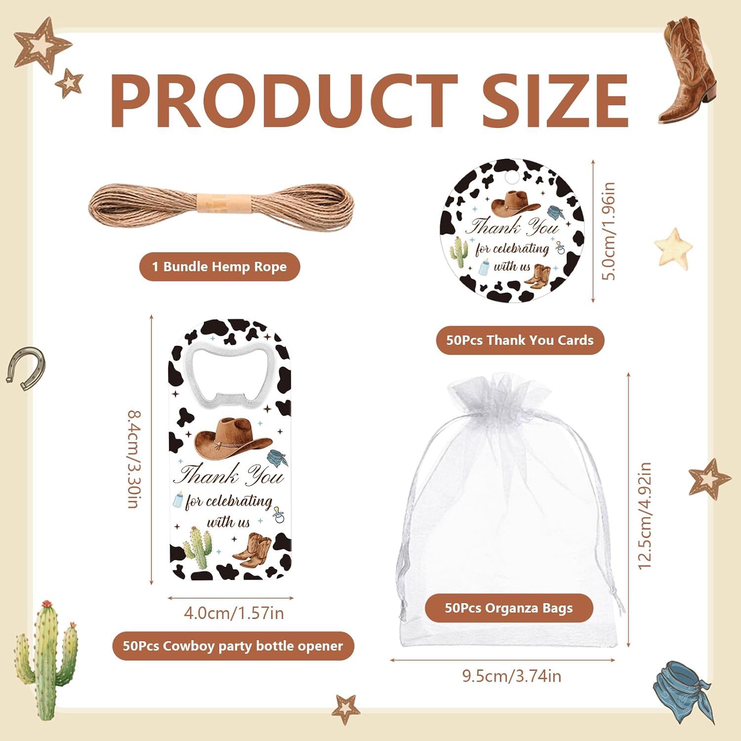 50Pcs Cowboy Baby Shower Bottle Opener Favors for Guests Cute Magnetic Handheld Bottle Openers with Organza Bags and Thank You Cards, for Gender Reveal Theme Party Decorations Rerurn Gift Souvenirs