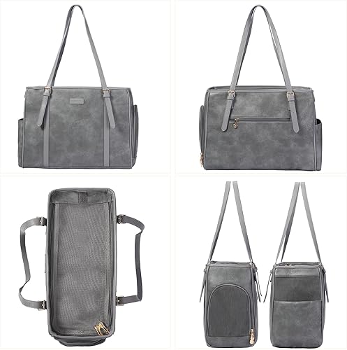 Miniatura 10 de Bolsa de cuero para perros pequeños, gatos, cachorros, bolsa de mano portátil aprobada por aerolíneas (marrón)