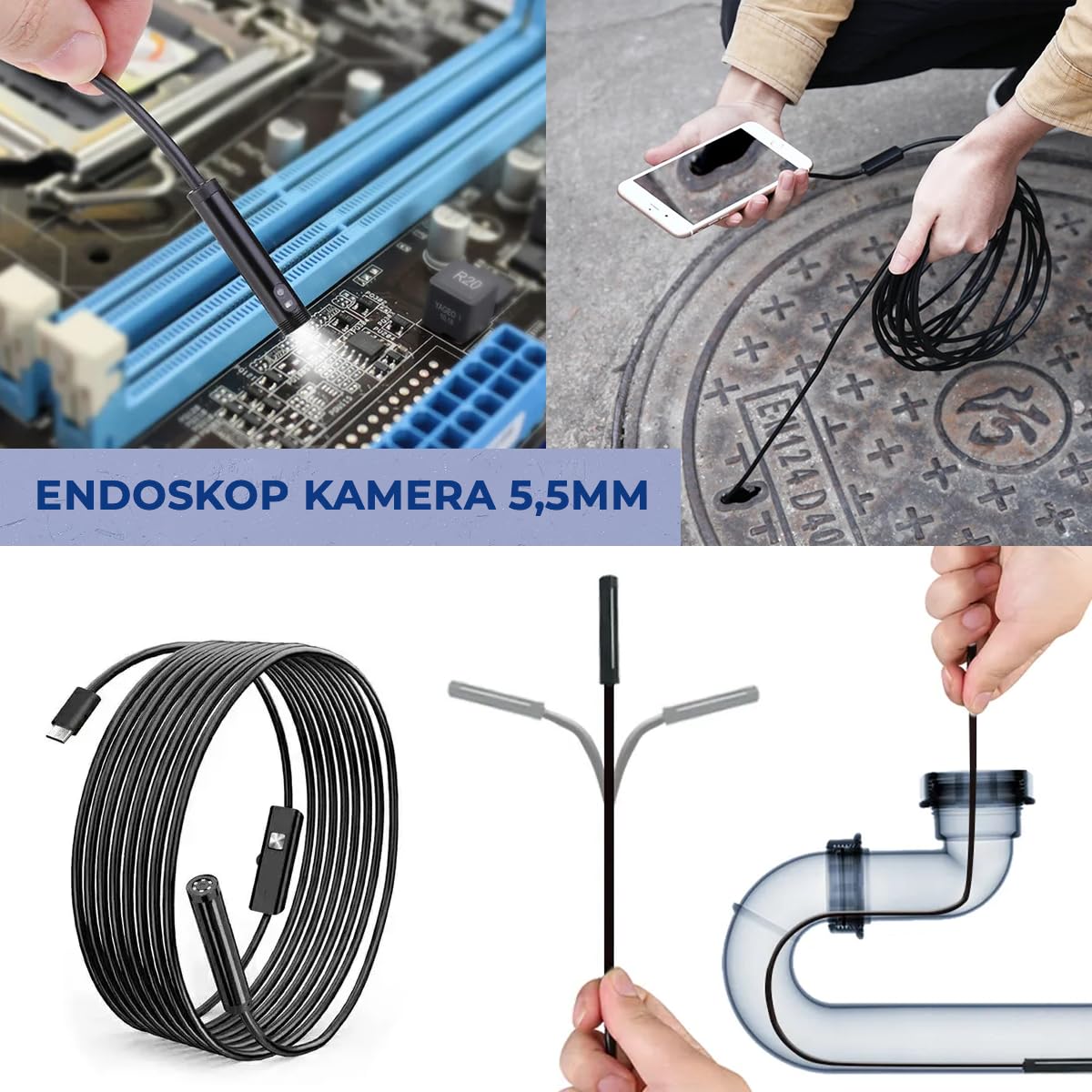Kamera endoskopowa z adapterem USB i USB-C, wodoszczelna kamera inspekcyjna IP67 z regulowanymi diodami LED do telefonów z systemem Android i komputerów