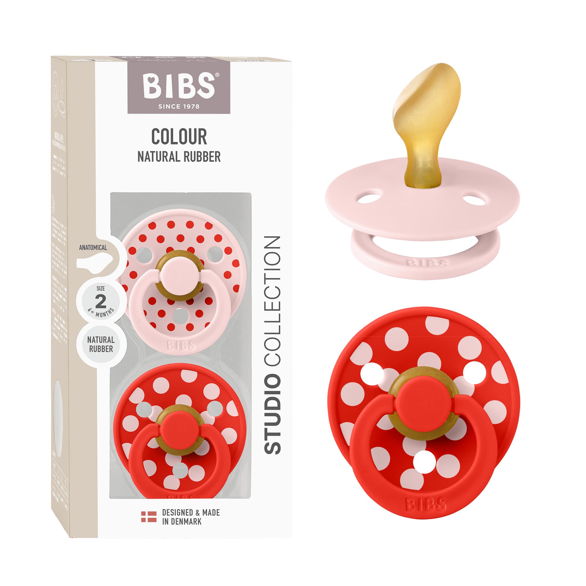 BIBS Polka Dots Schnuller 2er-Pack, BPA-frei, Kiefergerechte Form. Naturkautschuk/Latex, Hergestellt in Dänemark, Größe 2 (6-18 Monate), Blossom/Candy Apple