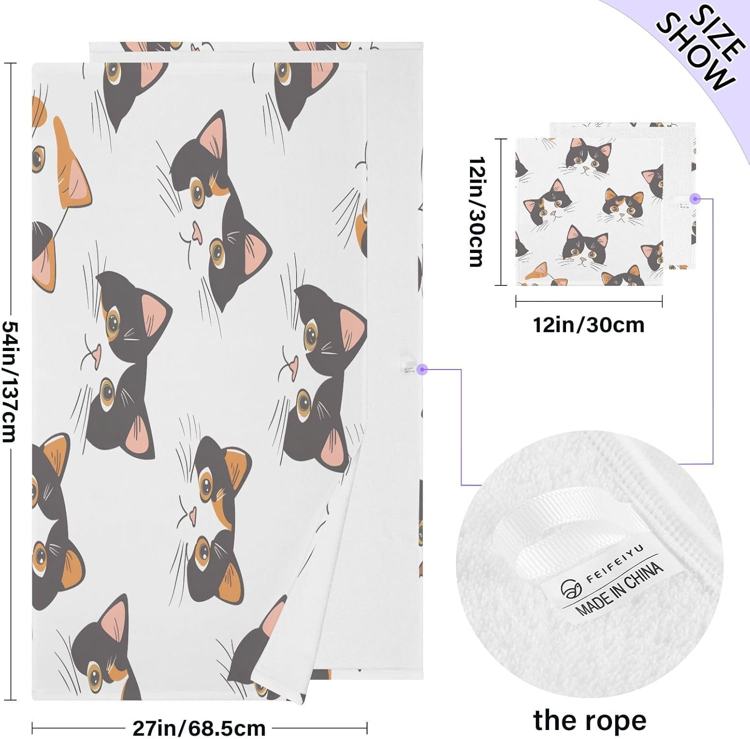 Hand Towels Premium Soft and Highly Absorbent Cute Cat Face 2 Pcs Towels for Bathroom Set 100% Cotton Decorative Face Towels