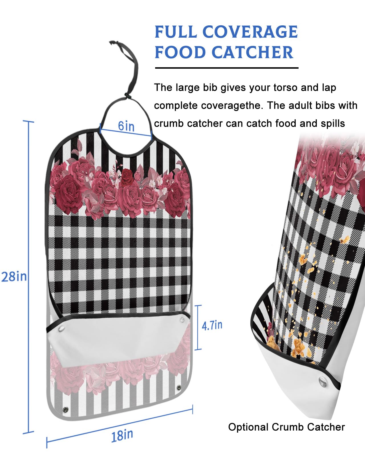 Valentines Roses Adult Bibs for Eating, Waterproof Bibs with Food Catcher & Adjustable Snap Closure, Pink Red Flower Black White Plaid Stripes Clothing Protectors Adult Bibs for Elderly Women/Men