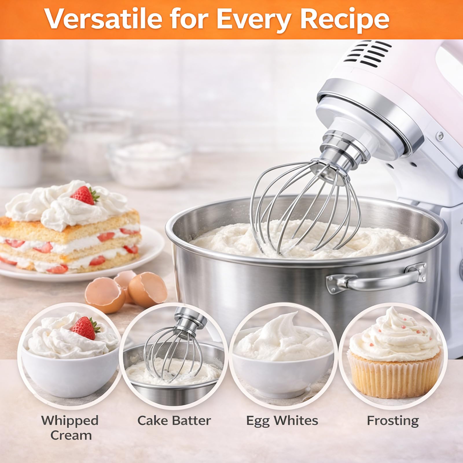 Poweka K45WW - Frusta in acciaio inox, compatibile con KitchenAid Robot pasticceria 4.5QT e 5QT Tilt-Head, per crema, albume d'uovo e pasta