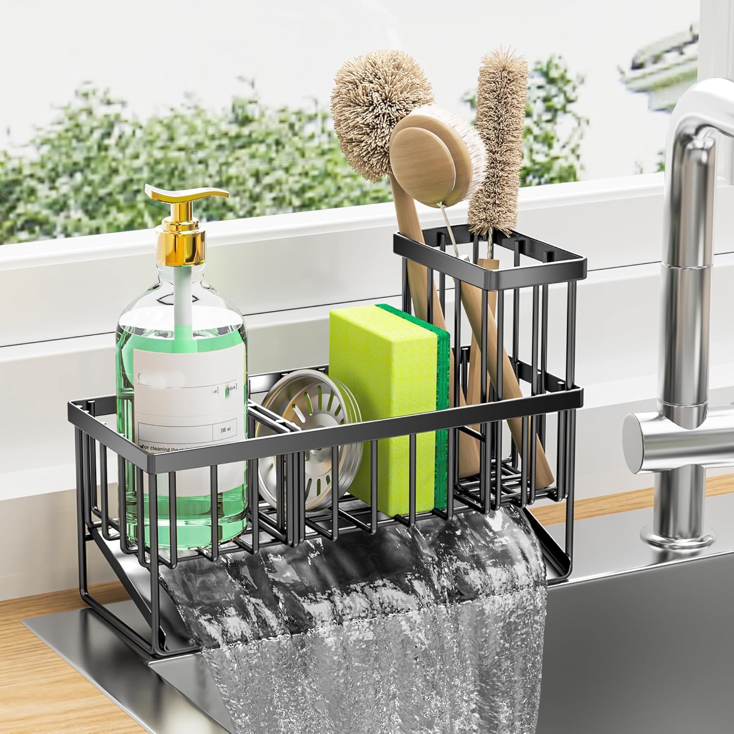 Porte Éponge Évier Cuisine avec Cuvette de Auto-vidange, Organisateur Evier Cuisine avec Porte-Serviettes et Rangement (Noir Porte-serviettes)