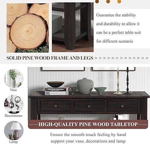 Miniatura 12 de Mesa consola de madera maciza de 48 pulgadas, mesa de sofá de madera de pino con cajones de almacenamiento y estantes, mesa de entrada retro para