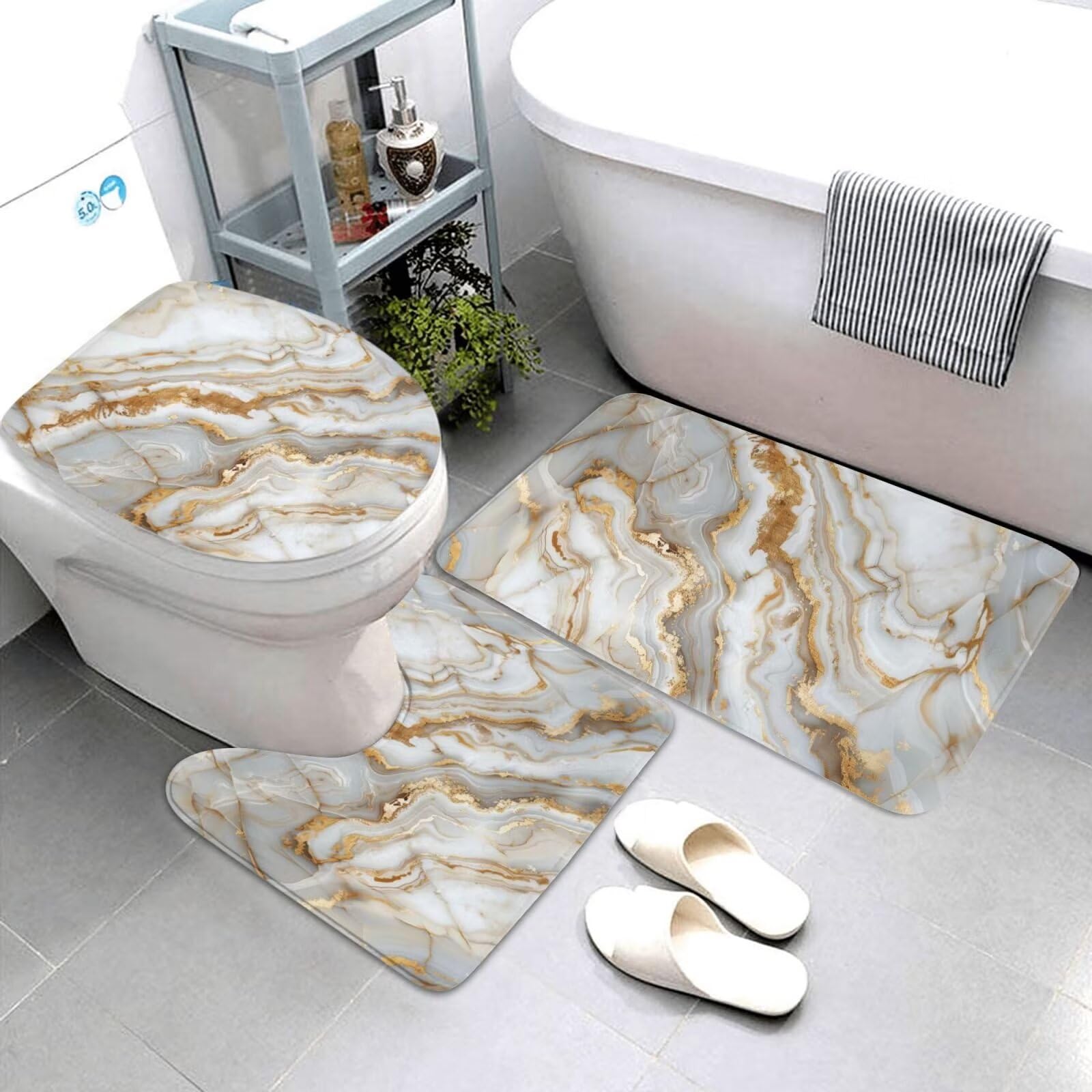 Juego de 3 alfombrillas de baño de mármol dorado, juego de alfombras de baño abstractas con parte trasera de goma con contorno en forma de U para baño, baño, suelo, ducha, mármol blanco