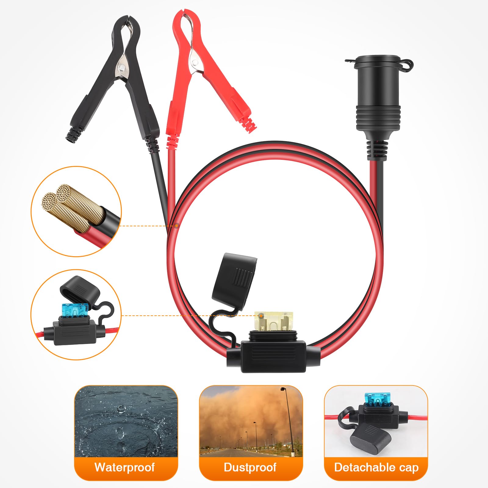 Thlevel Cable de Extensión de Coche Alargador Mechero Coches 12V 24V Pinza de Cocodrilo Eléctrica 3 Metros 16AWG con Fusible de Protección para la Batería Portátil Compresores Inversor