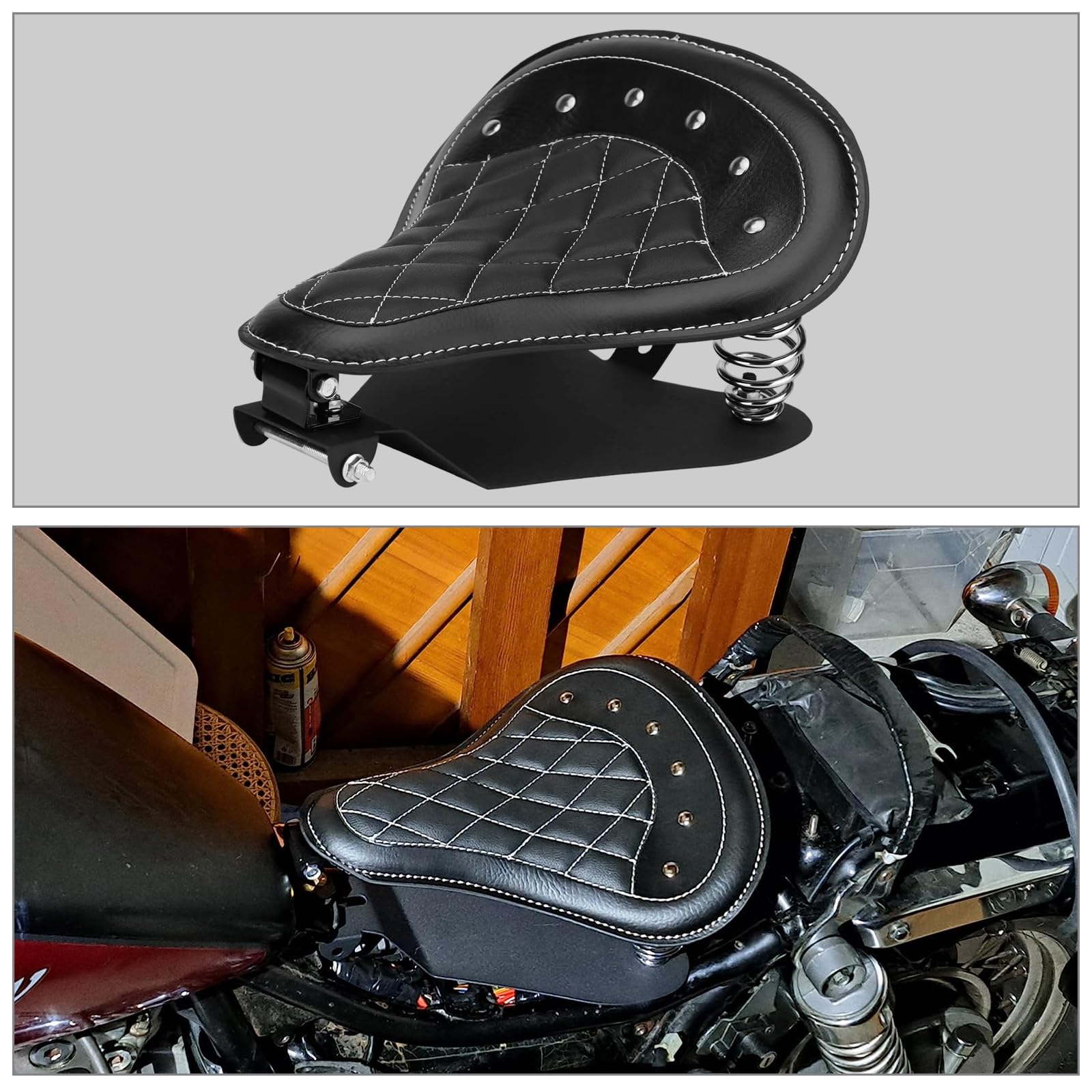 Black Rhombus Leather Bobber Solo Seat With Mounting Kit - For Harley Sportster XL883, 1200, & Custom Choppers