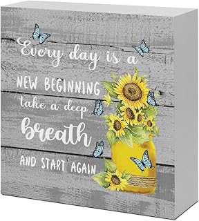 Gray Everyday Is A New Beginning Farmhouse Sunflowers Wooden Sign Desk Decor,Inspirational Wood Block Sign Desk Decorations for Home Bedroom Dorm Office Desk Shelf Table Decor
