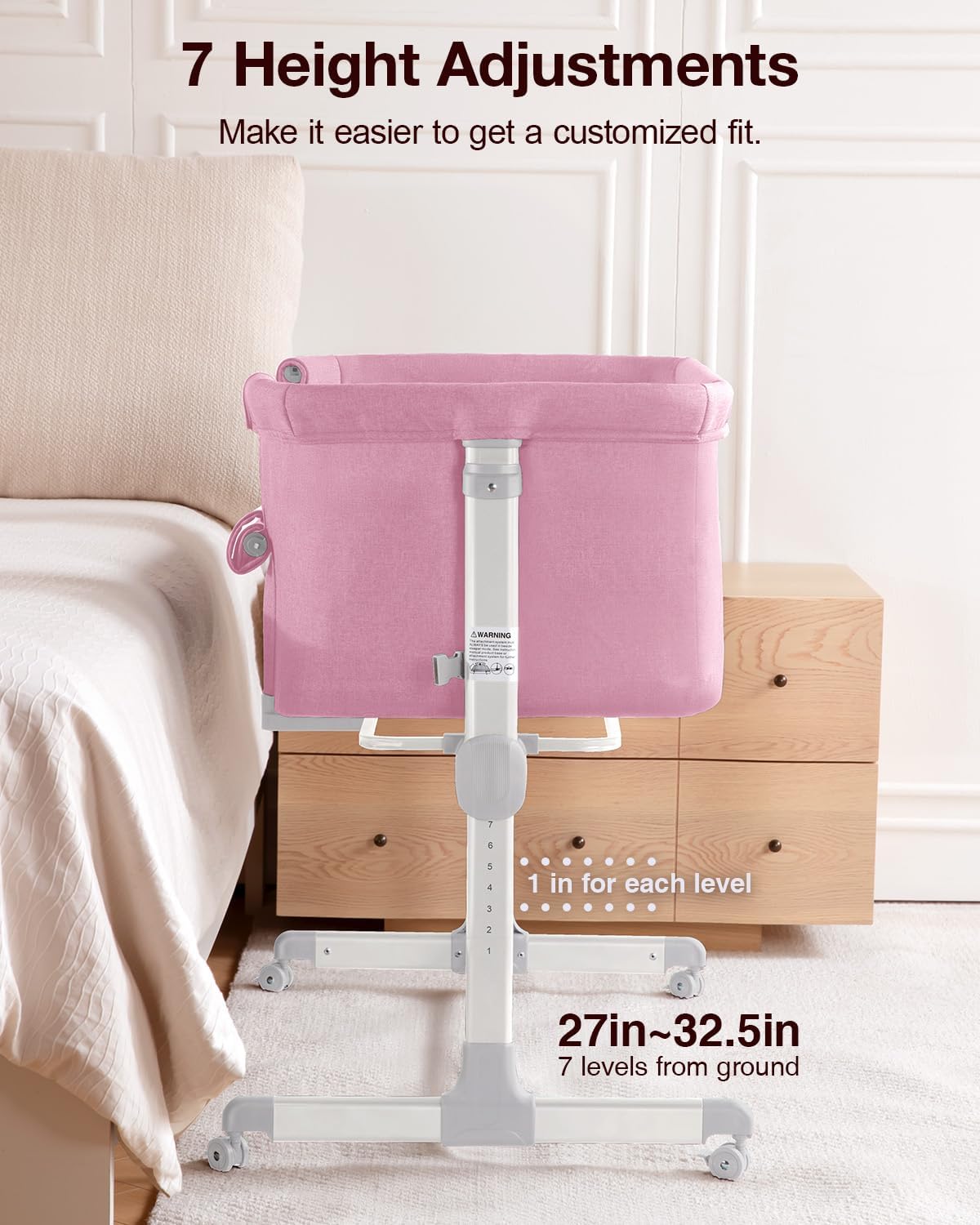 Larex Baby Bassinet showing adjustable height mechanism with numbered settings.