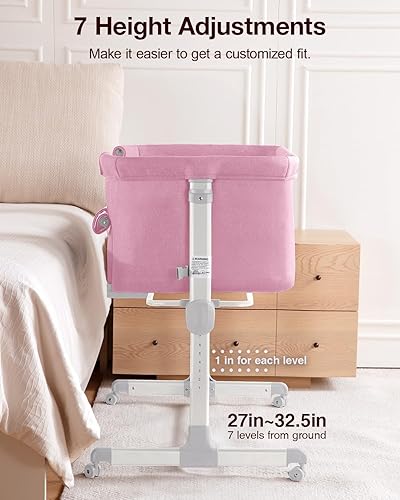 Miniatura 3 de Larex Cuna de bebé, cuna 3 en 1 para recién nacido, cuna portátil ajustable de 7 alturas con colchón y ruedas, color rosa