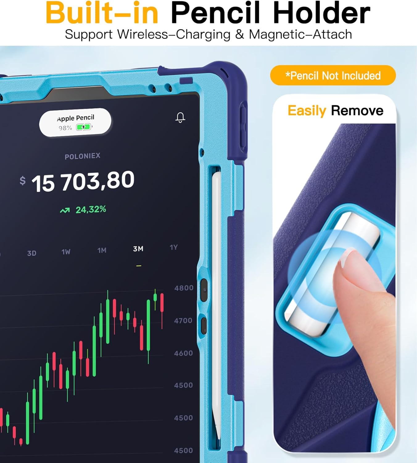 BRAECN for iPad Air 13 Inch Case M3 2025/ M2 2024, iPad Pro 12.9 (6th/5th/4th/3rd Gen), Heavy Duty Shockproof Cover w/Pencil Holder, Rotating Handle Grip, Stable Kickstand, Shoulder Strap, Navy Blue - Image 8