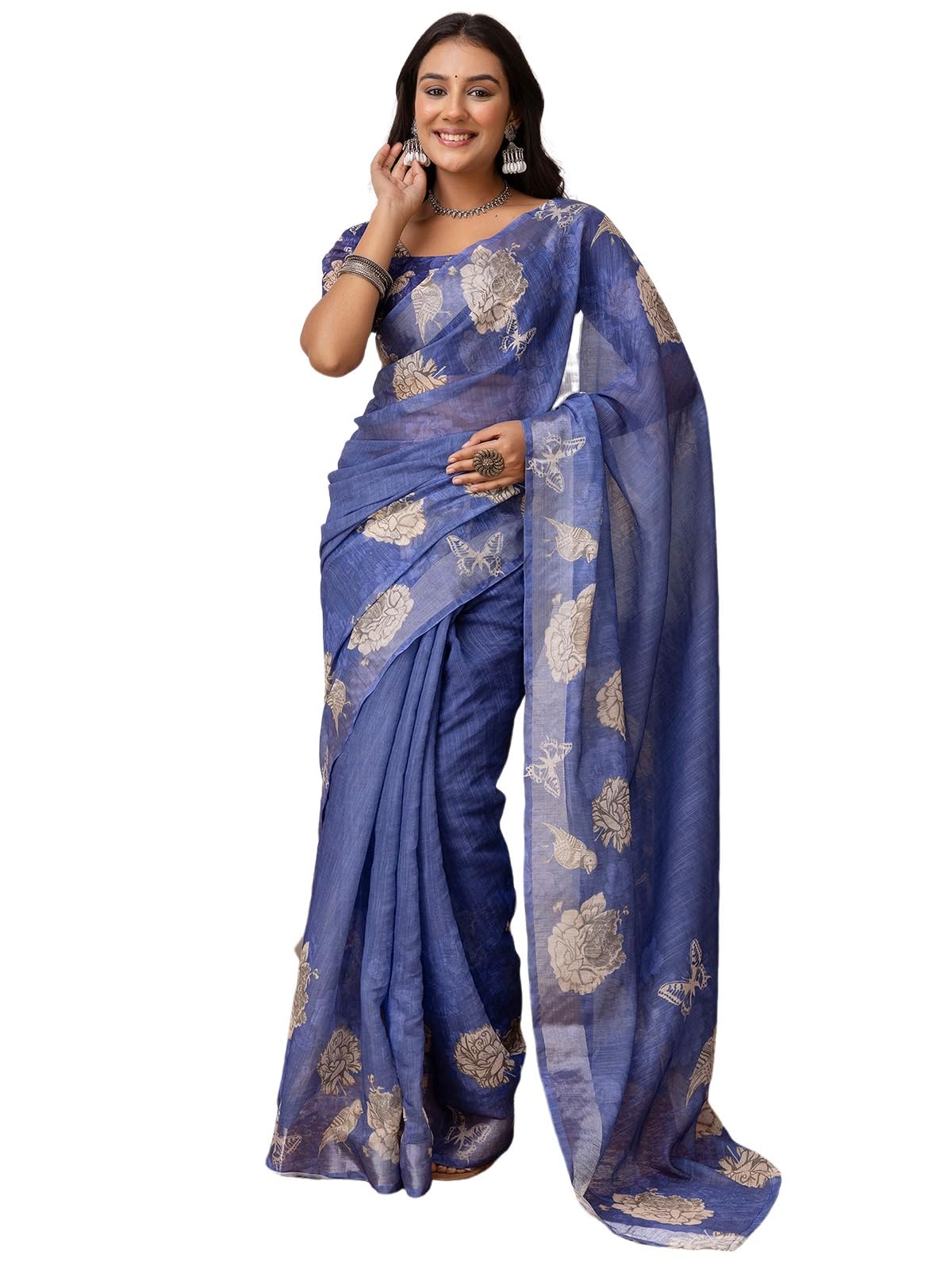 Satrani Women's Cotton Blend Floral Printed & Zari Border Saree With Unstitched Blouse Piece (4141S6591N_Blue)