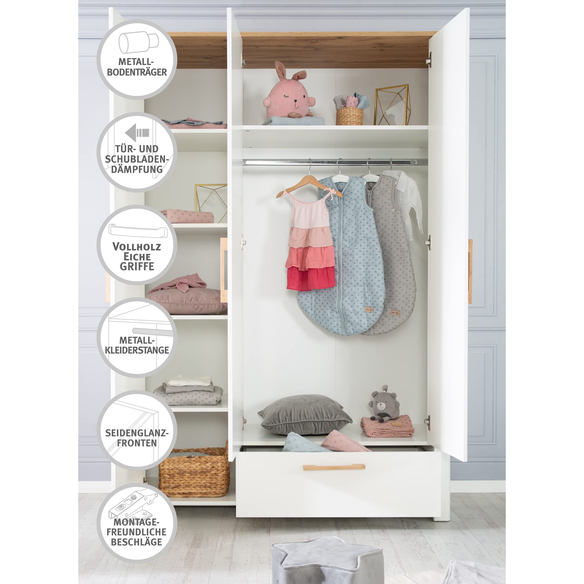 roba Kleiderschrank 'Ava' 3-trg. weiß Artisan Eiche 200 x 138,5 x 54 cm