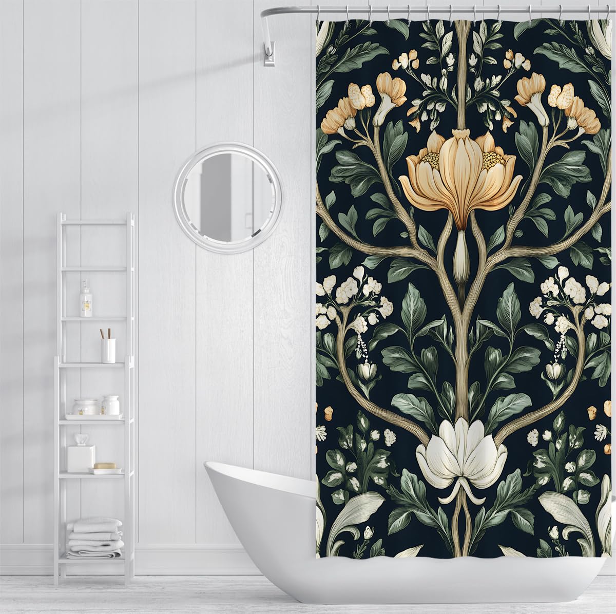 Romantischer Naturalismus Badezimmervorhang Symmetrisches Blumendesign Botanischer Gartenmuster Duschvorhang wasserdichte Polyester-Badewannendekoration 180 x 180 cm