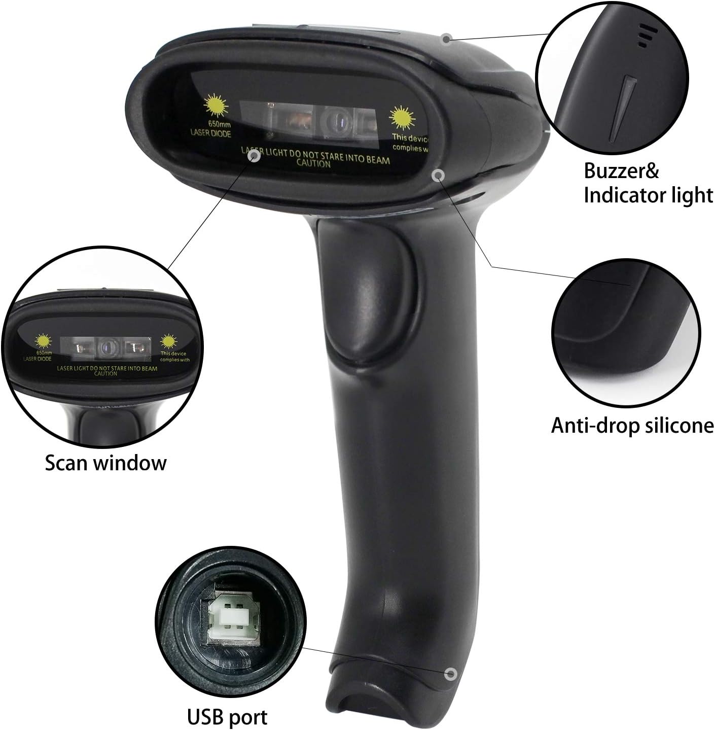 Zuru ezu view of the Symcode Barcode Scanner showing the scan window, buzzer, indicator light, and USB port.
